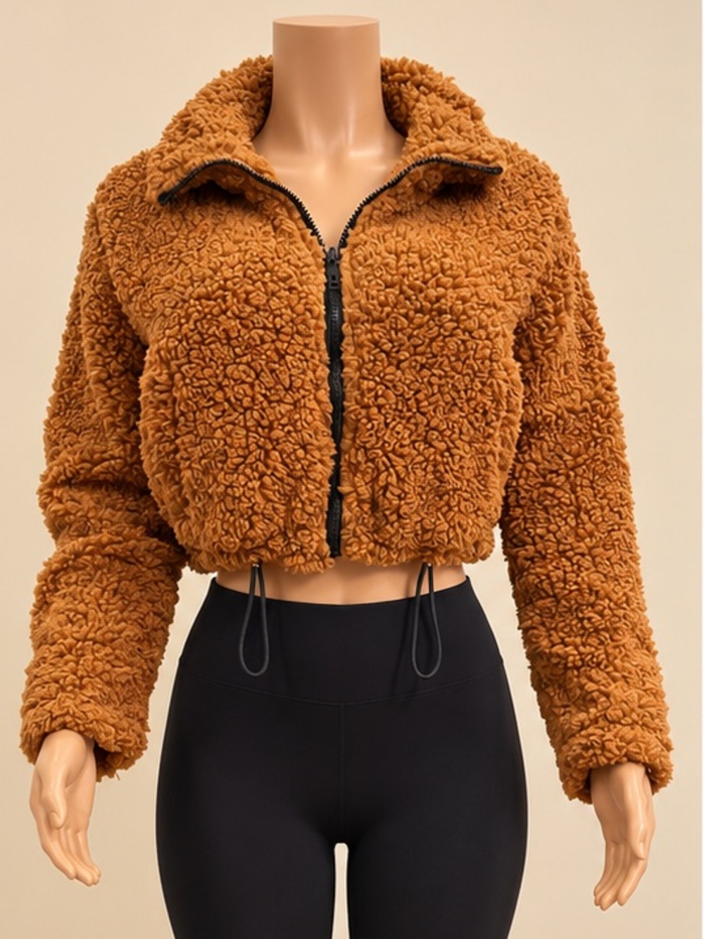 OOTDFash Rust Brown Sherpa Teddy Cropped Zip Jacket Cinch Waist S NWT